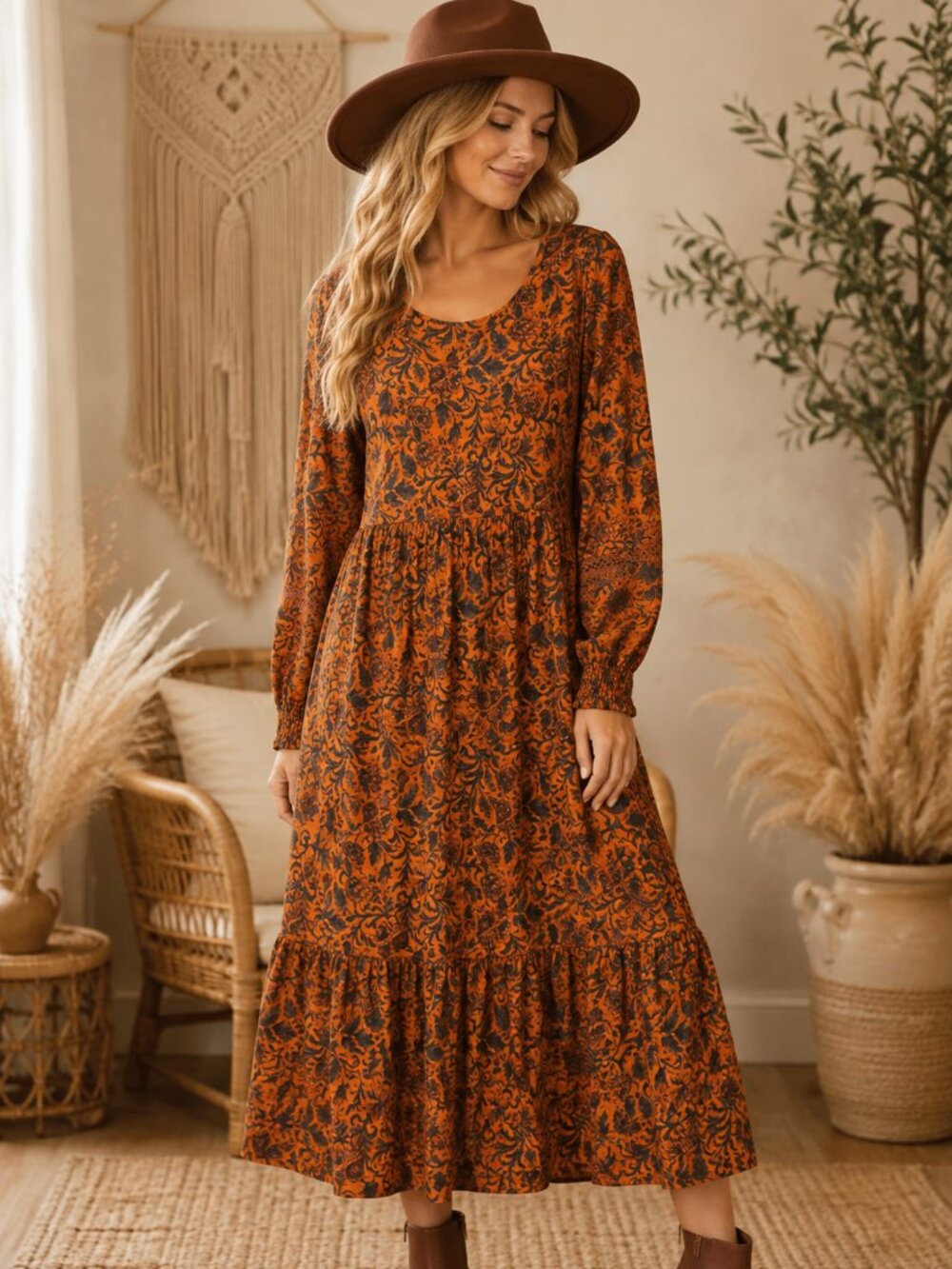Boho Floral Tiered Midi Dress - Rust
